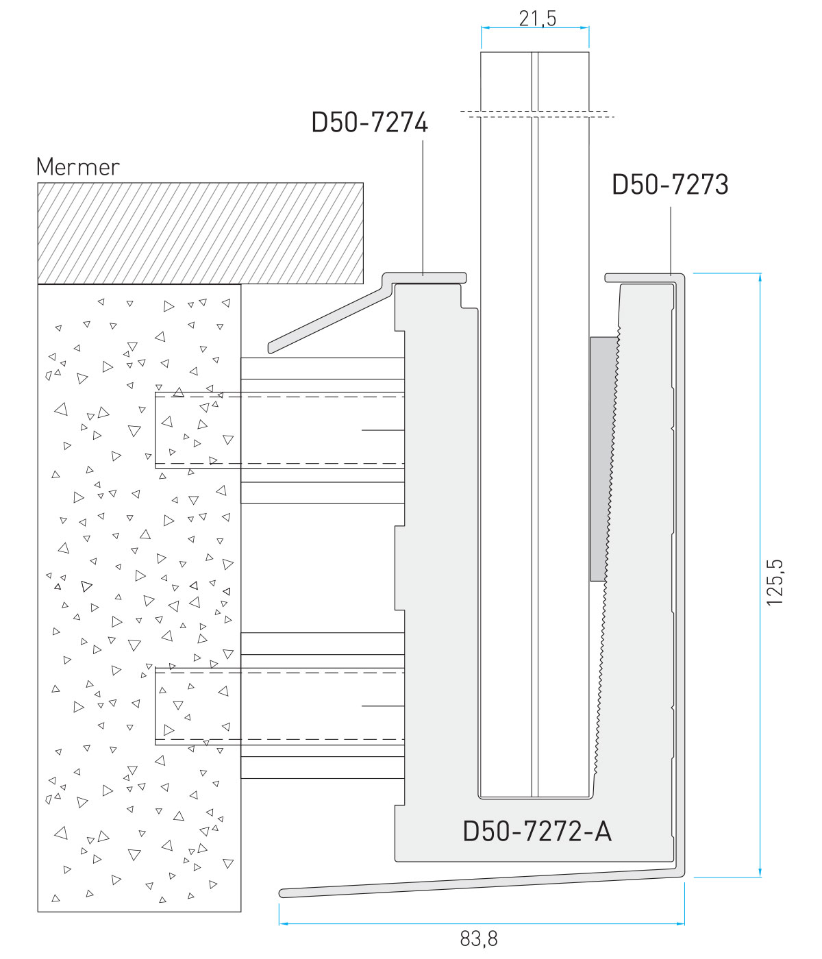 D50 crtež ugradnje straničnog podesivog nosača u kombinaciji sa mermerom